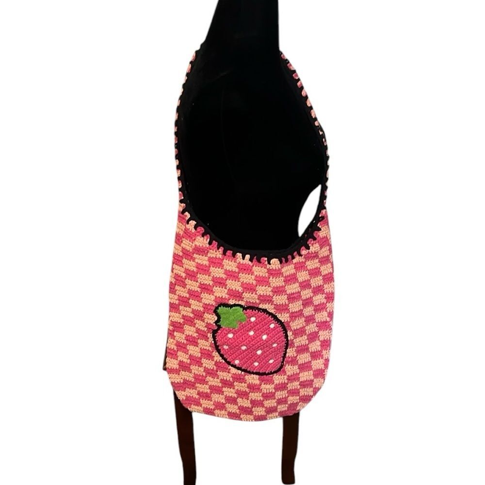 Pink Checkered Large Strawberry Crocheted Handmade in India Tote Bag Purse Cute